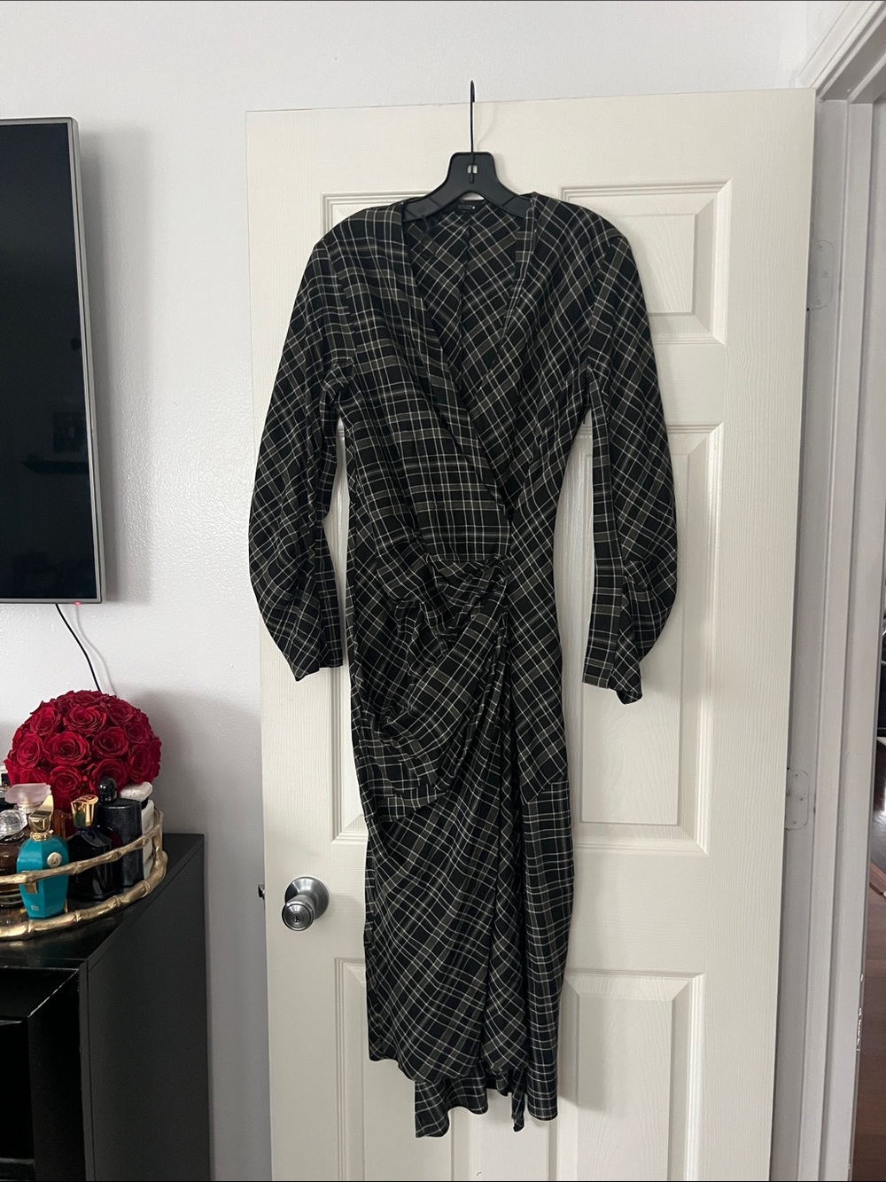 Zara Black Plaid Wrap Midi Dress new but no tag